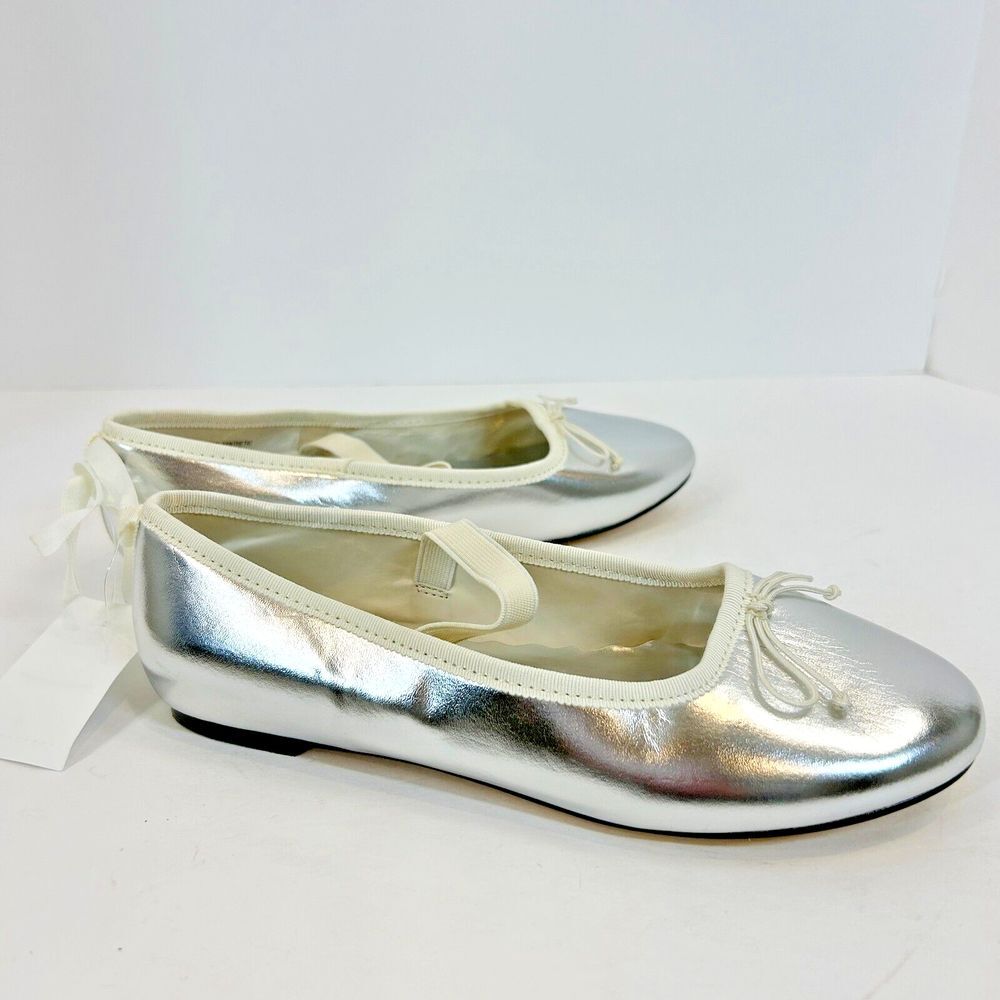 Crewcuts Girls Strappy Ballet Flats K4 Silver‎ Metallic Mary Jane Slip On Gloss